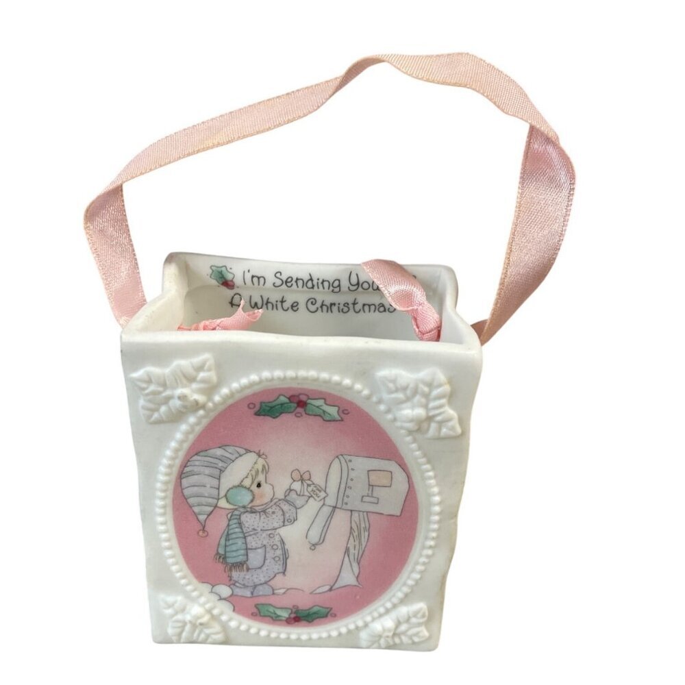 Precious Moments Ceramic Holiday Ornament‎ With Pink Ribbon & Festive Design